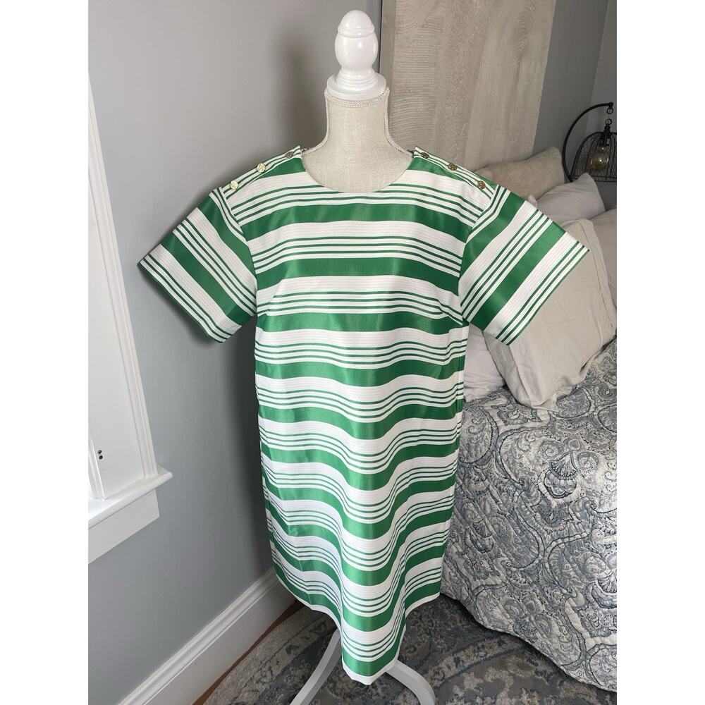 Draper James Dress XL Green White Striped Shift Dress Gold Button Shoulder